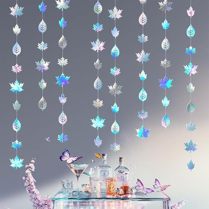 Iridescent Leaf Garland with Hanging Streamers for Birthday Wedding and Party Decorations