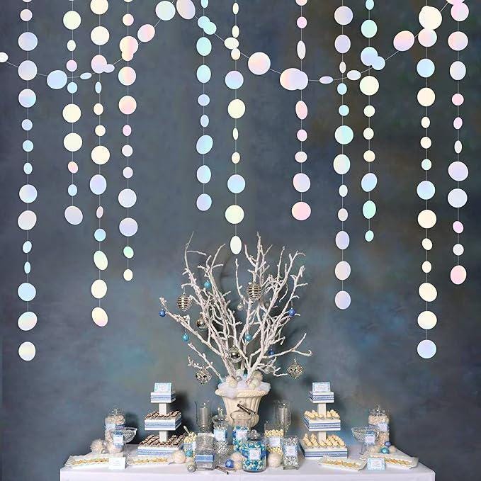 46 Ft White Iridescent Circle Dots Garland Holographic Streamers Decor