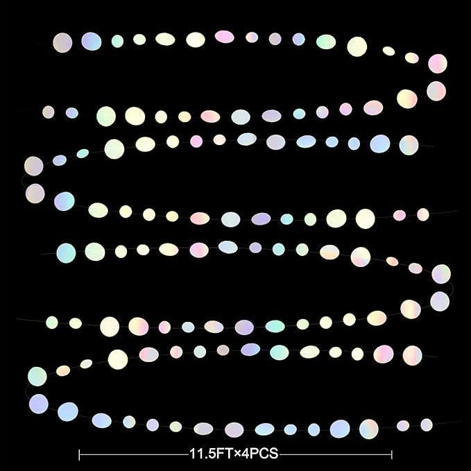 46 Ft White Iridescent Circle Dots Garland Holographic Streamers Decor