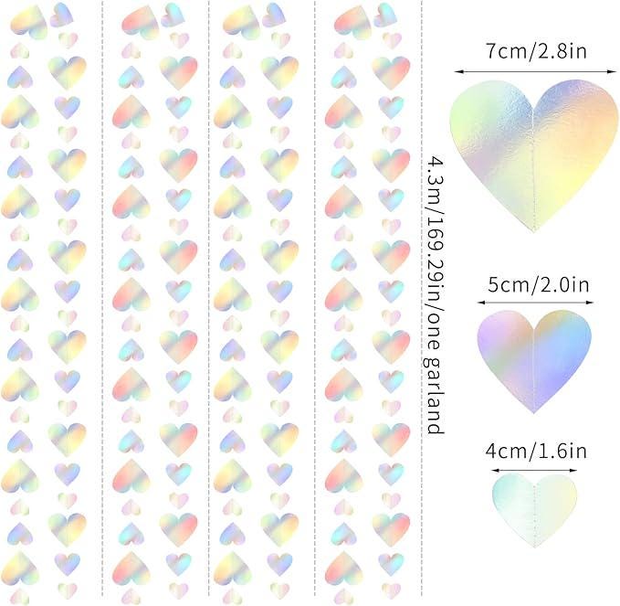 Iridescent Holographic Heart Garland 56 Ft Neon Love Hanging Streamers Decor