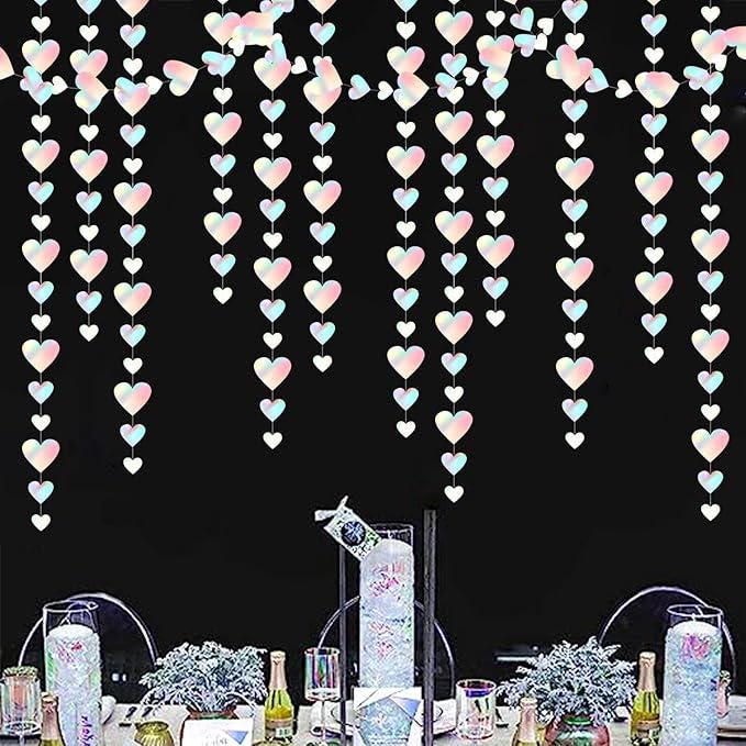 Iridescent Holographic Heart Garland 56 Ft Neon Love Hanging Streamers Decor