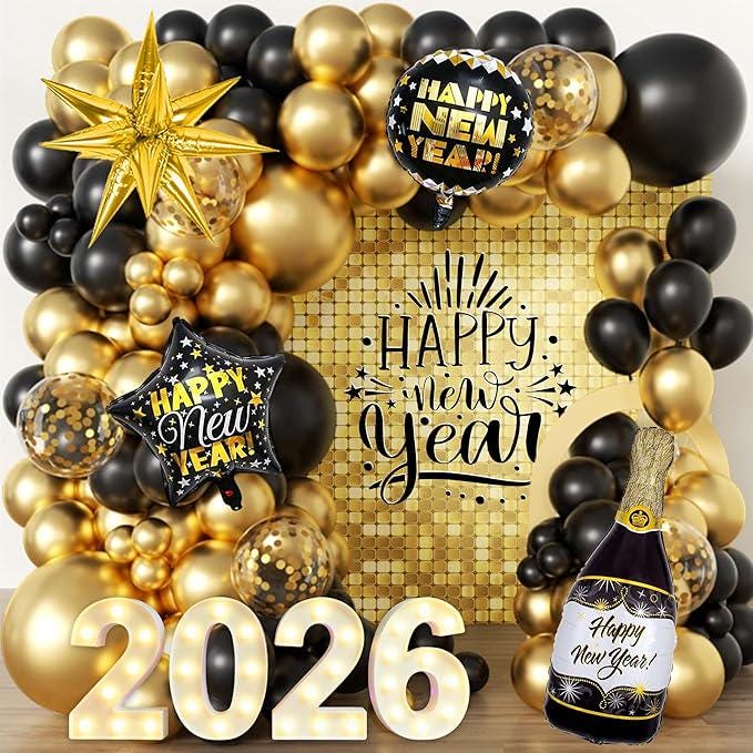 Happy New Year 2026 Balloon Arch Kit with Cartoon Theme Foil Balloons
