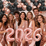 New Year 2026 Balloon Arch Kit Rose Gold Black Balloons with Number Foil Decor