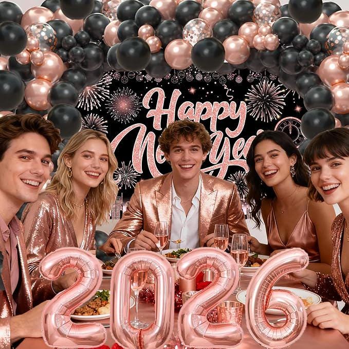New Year 2026 Balloon Arch Kit Rose Gold Black Balloons with Number Foil Decor