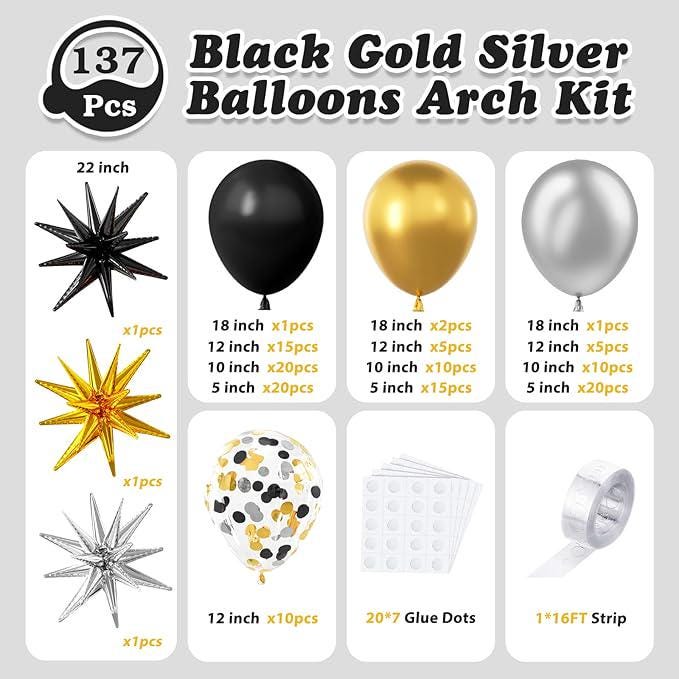 Black, Gold & Silver Balloon Garland Kit: New Year's Eve Party Decor