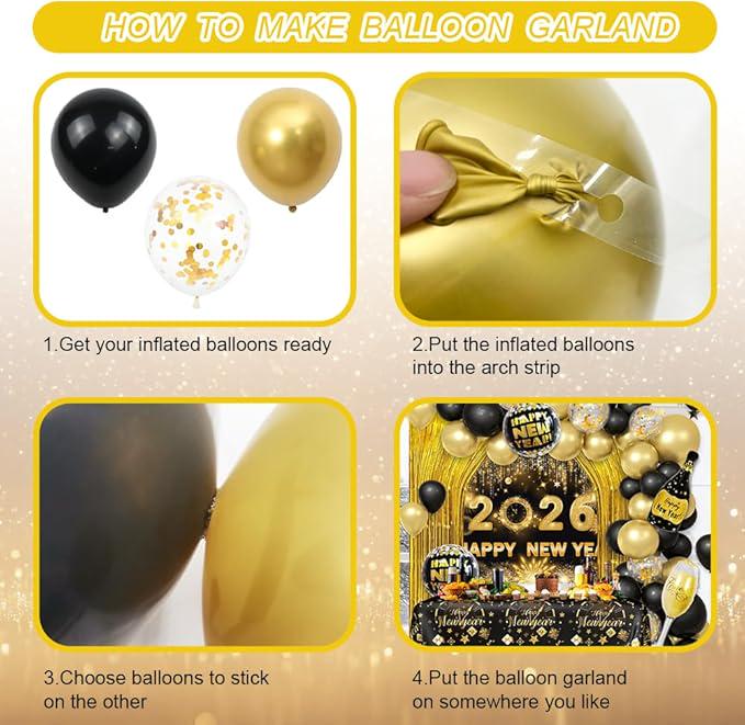 78 Pcs Black Gold New Year 2026 Decorations Kit Banner Balloon Arch and Backdrop