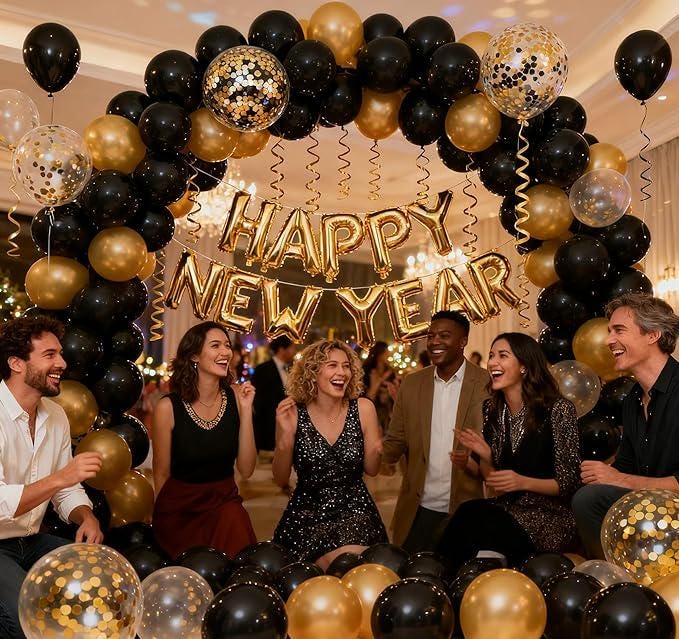 142 Pcs Black Gold Balloon Garland Arch Kit New Year 2026 Party Decorations