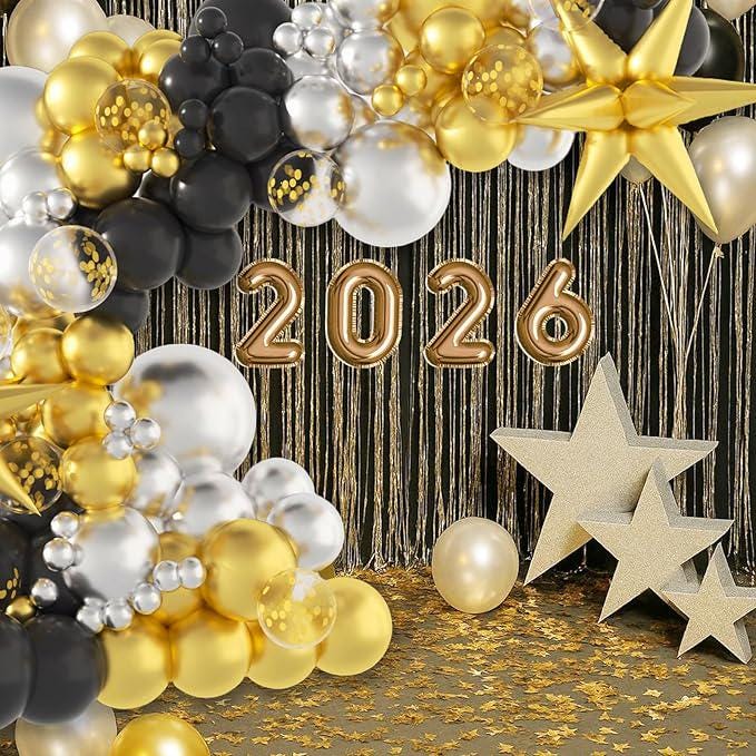 2026 New Year Balloon Arch Kit Black Gold Silver Garland with Confetti Balloons
