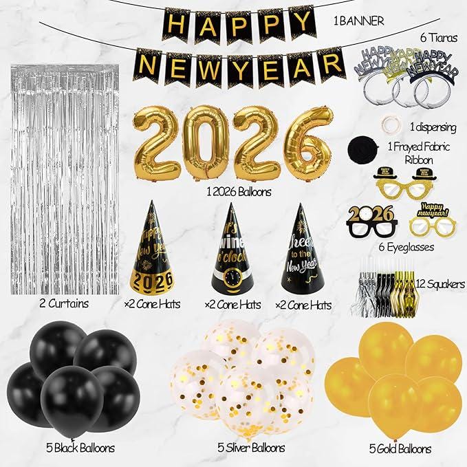 New Year 2026 Party Supplies 50 Pc Decorations Kit Banner Hats Balloons and More