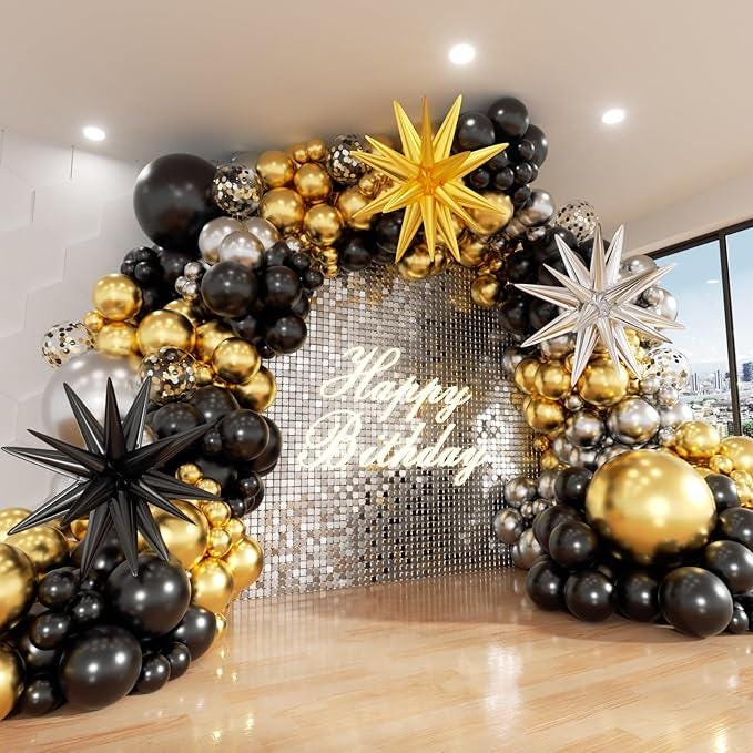 142 Pcs Black Gold Silver Balloon Arch Kit Metallic Balloons for New Year 2025