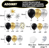 142 Pcs Black Gold Silver Balloon Arch Kit Metallic Balloons for New Year 2025