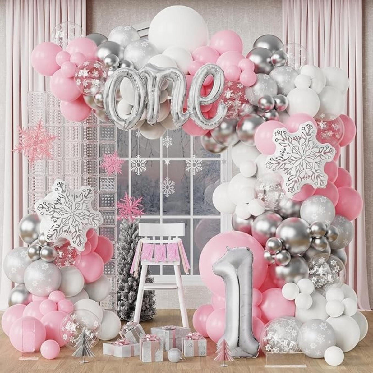 Pink Winter Wonderland Balloon Arch Kit with 135PCS Snowflake Balloons for Baby Shower