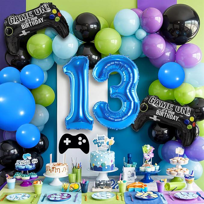 13th Birthday Video Game Balloon Arch Kit ,Blue Number 13 Foil Balloons for Teens