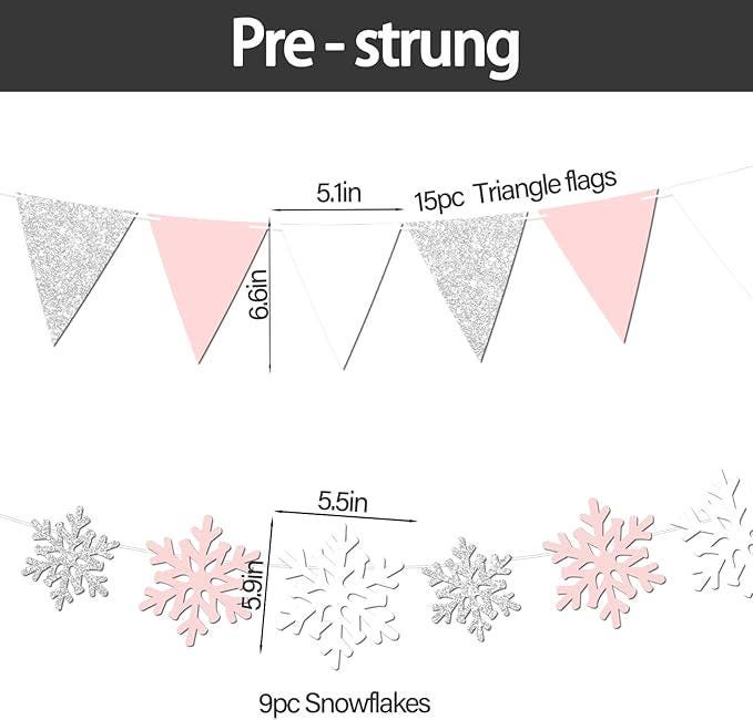 2-Pack Pink and Silver Snowflake Banner Garland for Winter Wonderland Baby Shower Party