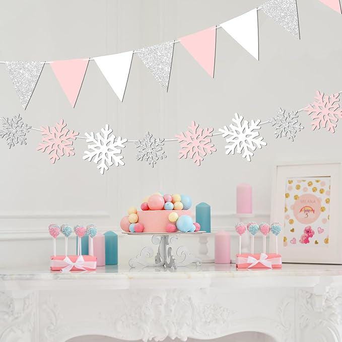 2-Pack Pink and Silver Snowflake Banner Garland for Winter Wonderland Baby Shower Party