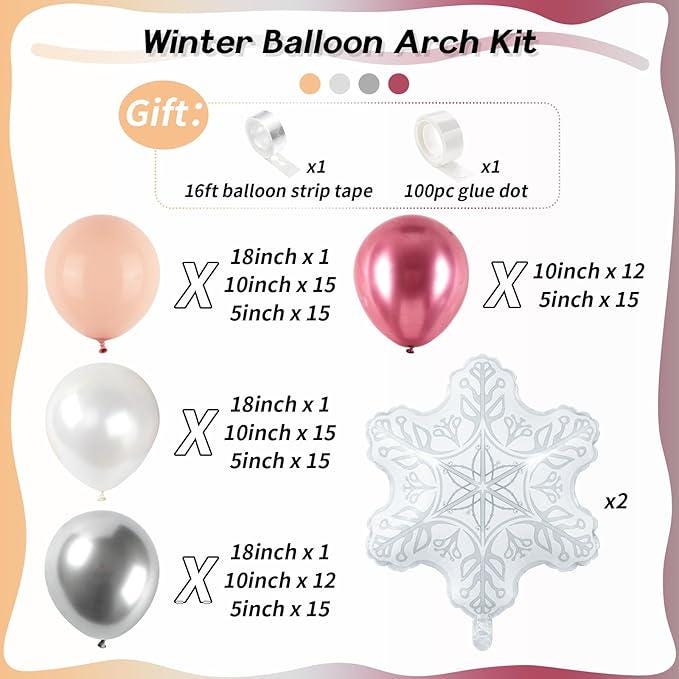 Winter Wonderland Balloon Arch Kit with Pink, Peach, Silver, and Snowflake Balloons for Parties