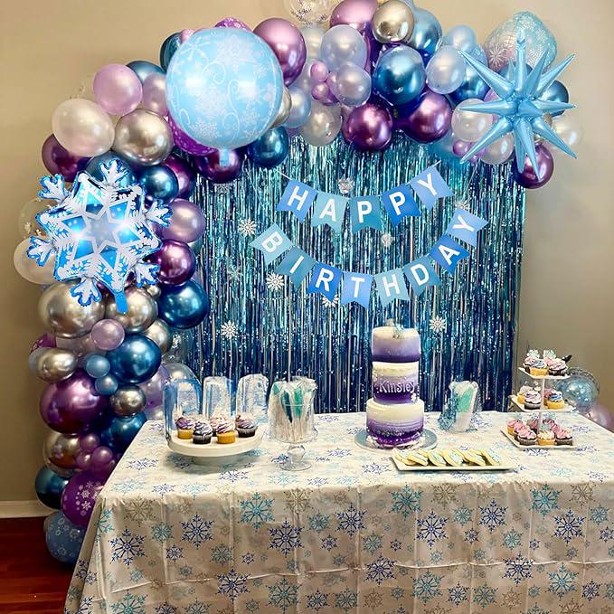 Winter Snowflake Balloon Arch Kit with Blue, Purple, Silver Balloons for Princess Birthday Party