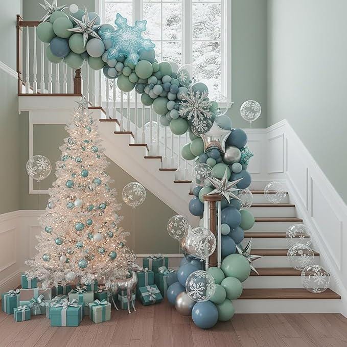 Winter Wonderland Balloon Arch Kit with Dusty Blue Green Silver Balloons and Snowflakes
