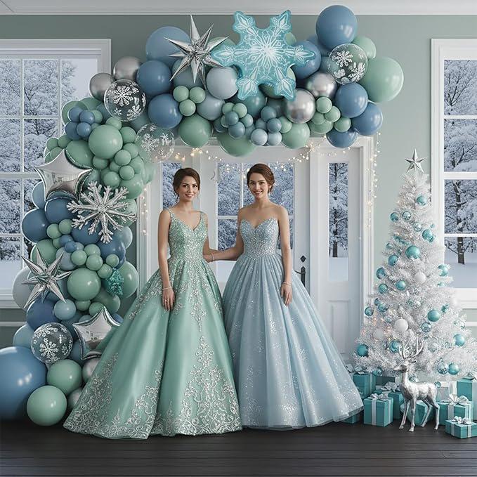 Winter Wonderland Balloon Arch Kit with Dusty Blue Green Silver Balloons and Snowflakes