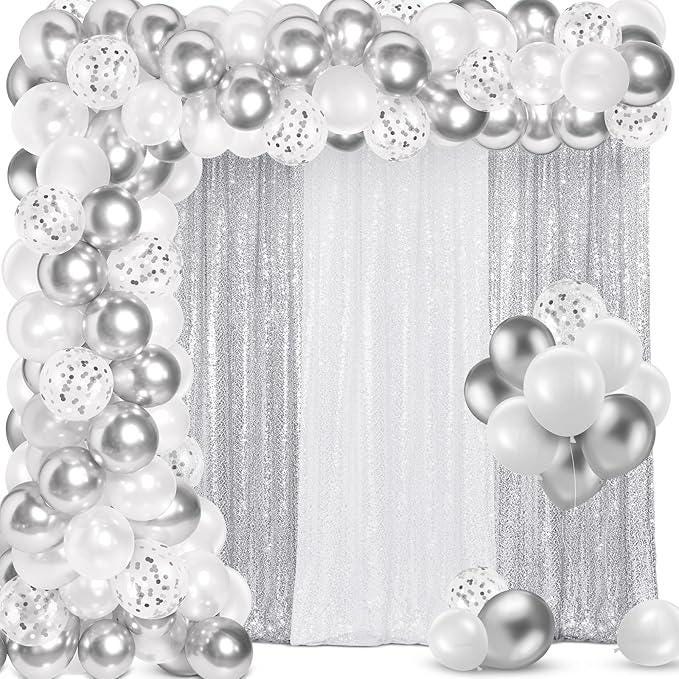 137PCS White Silver Balloon Arch Kit with Sequin Backdrop for Winter Party Decorations