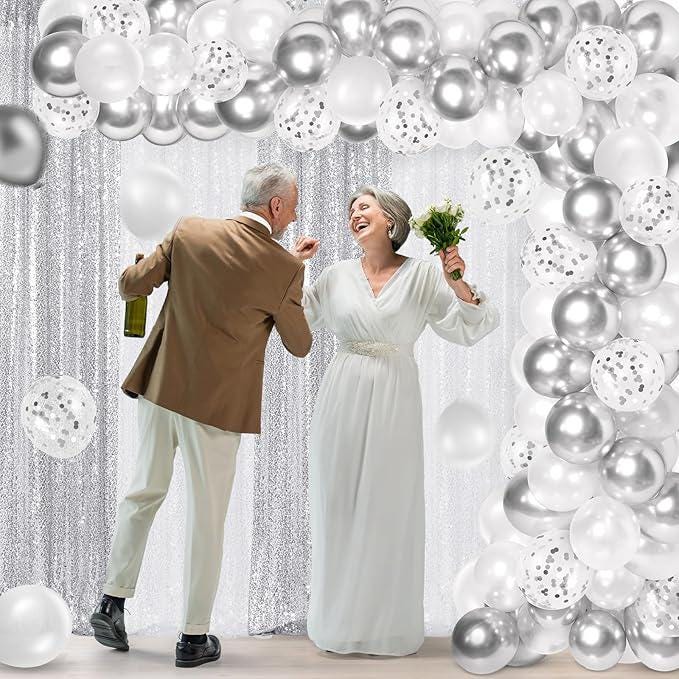 137PCS White Silver Balloon Arch Kit with Sequin Backdrop for Winter Party Decorations