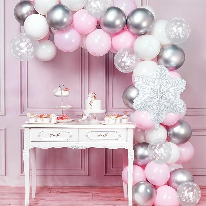 Pink White Silver Snowflake Balloon Kit for Winter Wonderland Girls Party Decor
