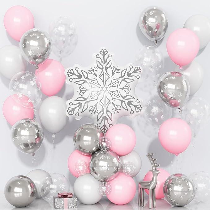 Pink White Silver Snowflake Balloon Kit for Winter Wonderland Girls Party Decor