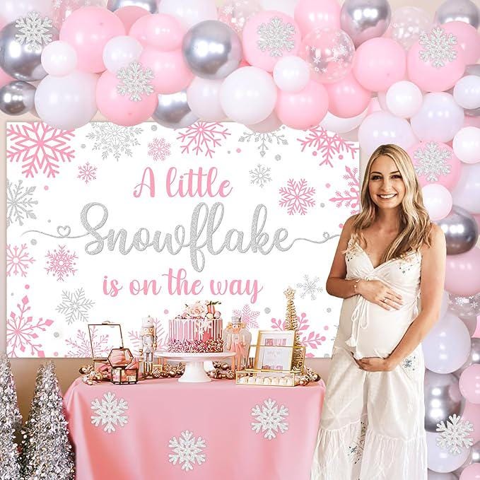 Winter Baby Shower Balloon Arch Kit with Pink White Silver Snowflakes for Girls Party