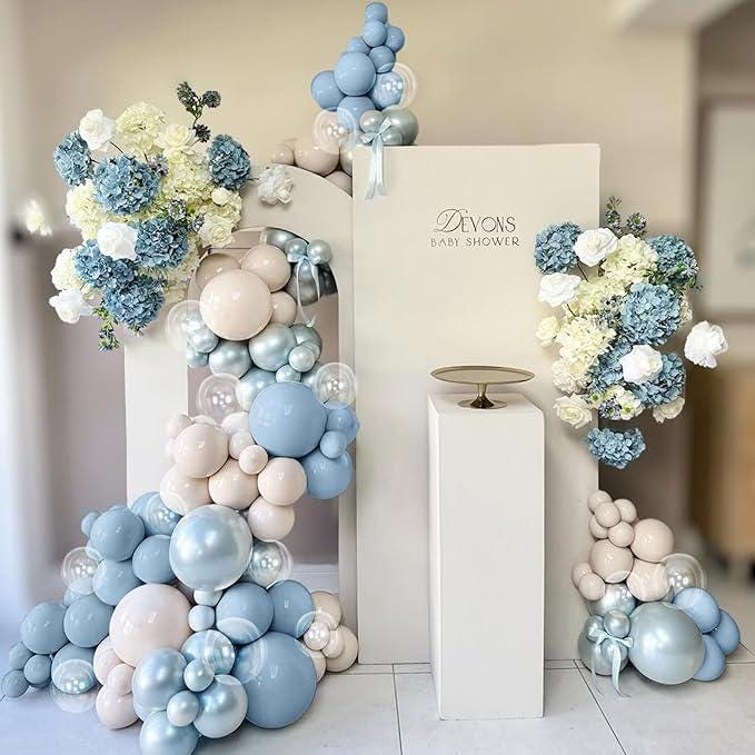 Dusty Blue Double Stuffed Balloons with Pearl White Clear for Winter Wonderland Party