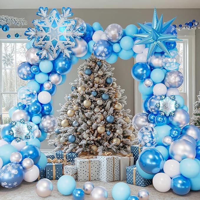 142PCS Frozen Balloon Arch Kit with Silver Blue Snowflake Balloons for Winter Birthday Party