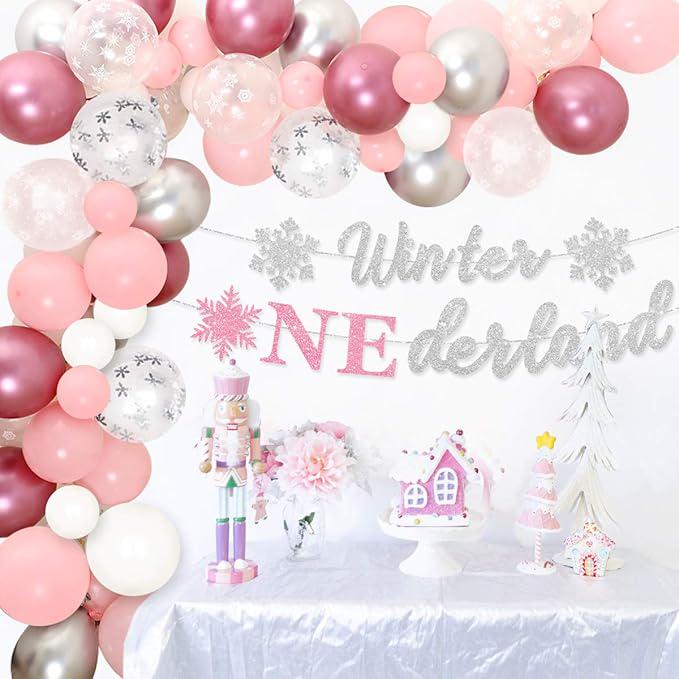 Winter Onederland 1st Birthday Decorations Pink Silver Balloon Garland Kit