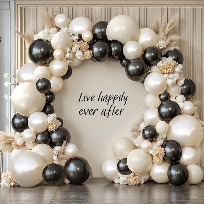 Black & White Balloon Arch Kit with Pearl Cream Beige Balloons for Weddings