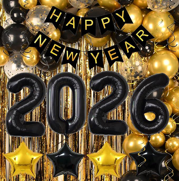 Black Gold New Year 2026 Party Kit 153pcs Balloons Banner Fringe Swirls Decor
