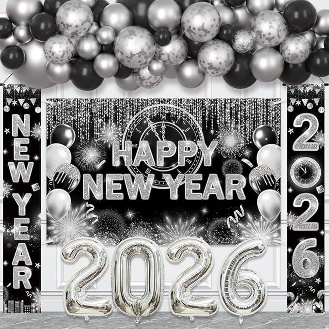 Black Silver New Year 2026 Party Kit 75pcs Balloon Arch Banner Porch Decor