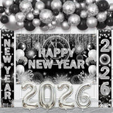 Black Silver New Year 2026 Party Kit 75pcs Balloon Arch Banner Porch Decor