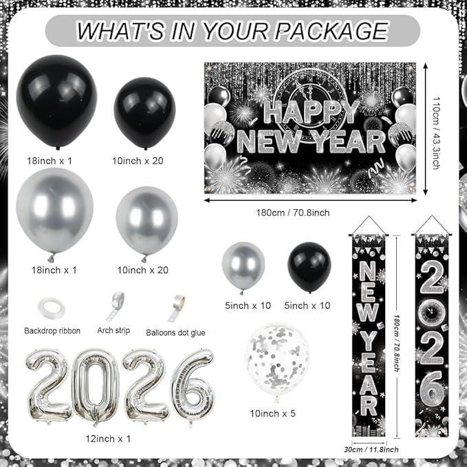 Black Silver New Year 2026 Party Kit 75pcs Balloon Arch Banner Porch Decor