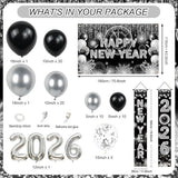 Black Silver New Year 2026 Party Kit 75pcs Balloon Arch Banner Porch Decor