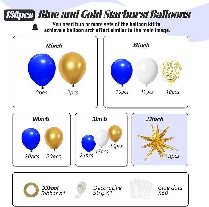 Royal Blue Gold Balloon Garland Arch Kit 136pcs Star Balloons Party Decor