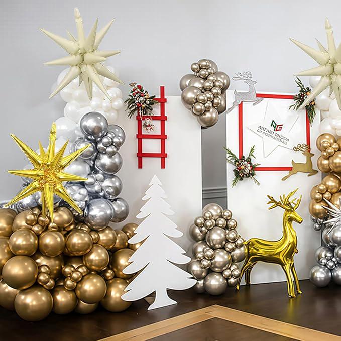 White Gold Christmas Balloon Garland Arch Kit with Star Reindeer Party Decor