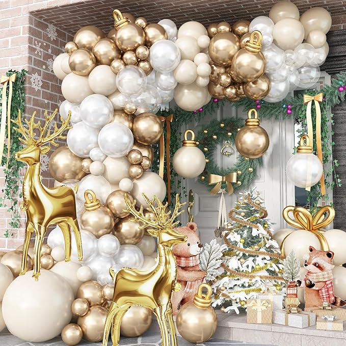 Pearl White Sand Gold Christmas Balloon Garland Arch Kit with Elk Balloons Decor