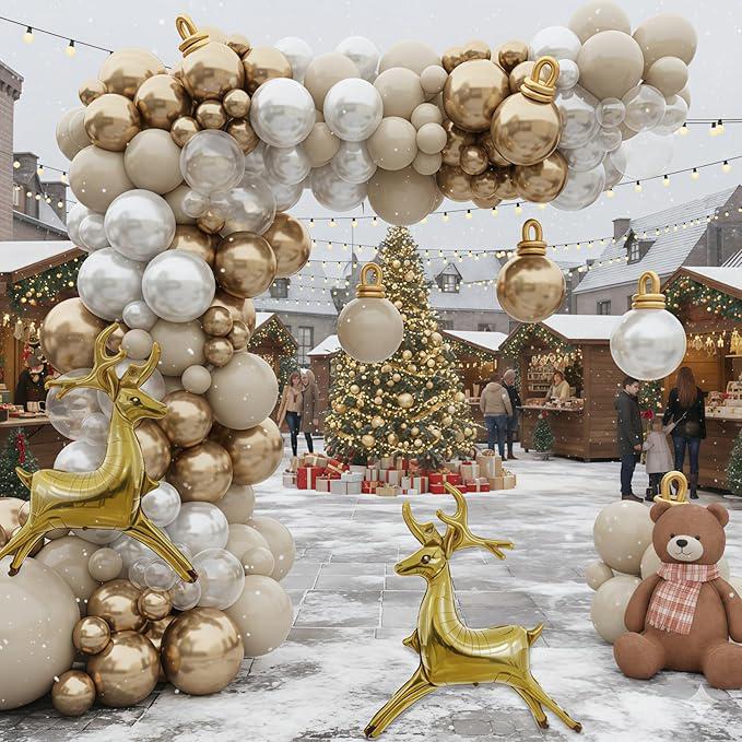 Pearl White Sand Gold Christmas Balloon Garland Arch Kit with Elk Balloons Decor