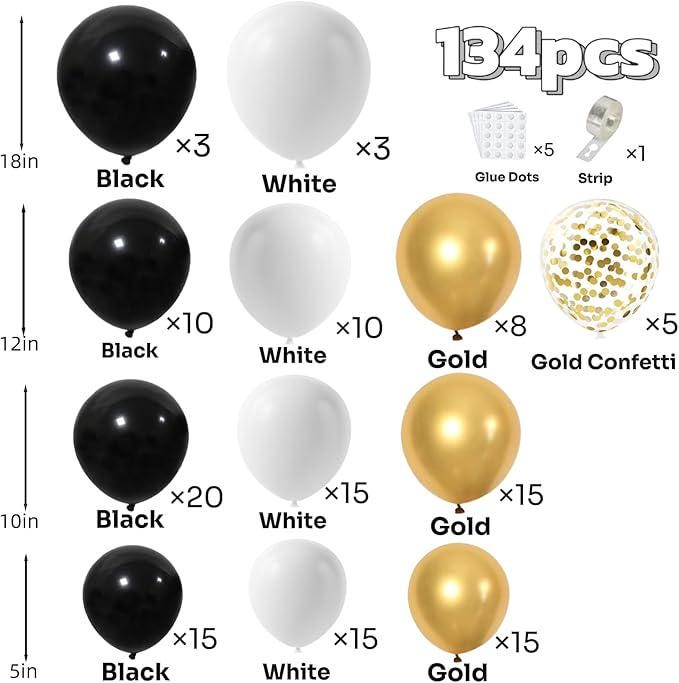 Black Gold White Balloon Garland Arch Kit with Confetti Balloons Party Decor