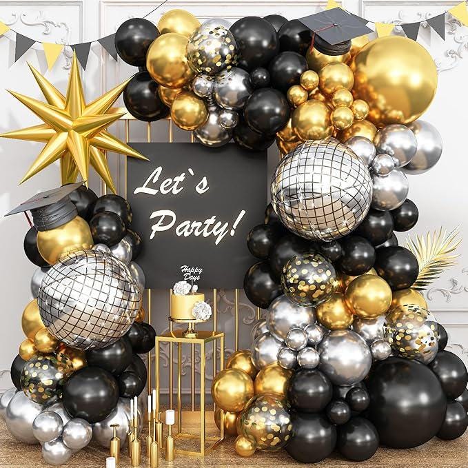 Black Gold Silver Balloon Garland Arch Kit with Disco Star Balloons Party Decor