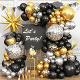 Black Gold Silver Balloon Garland Arch Kit with Disco Star Balloons Party Decor