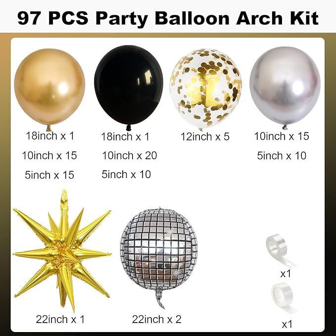 Black Gold Silver Balloon Garland Arch Kit with Disco Star Balloons Party Decor