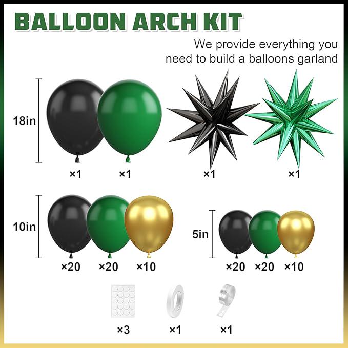 Green Black Gold Balloon Garland Arch Kit with Star Balloons Party Decor
