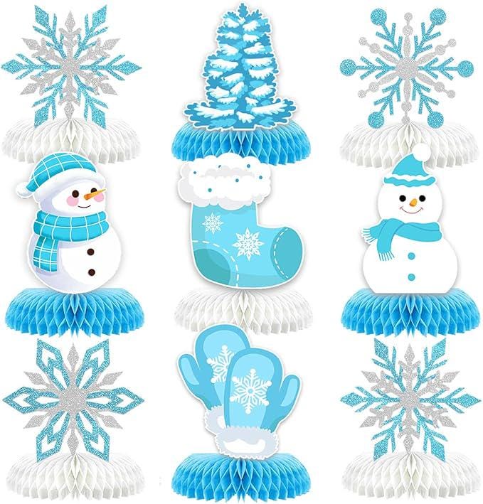Winter Wonderland Table Centerpieces 9pcs 3D Snowflake Snowman Blue White Party Decor