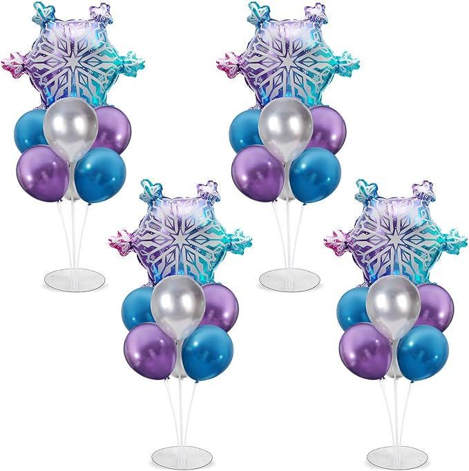 Snow Party Balloon Stand Kit 4 Sets Purple Blue Silver Table Centerpieces for Party