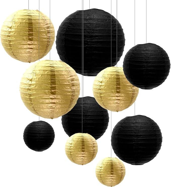 Black Gold Paper Lanterns Set for Graduation Anniversary New Year Party Decor