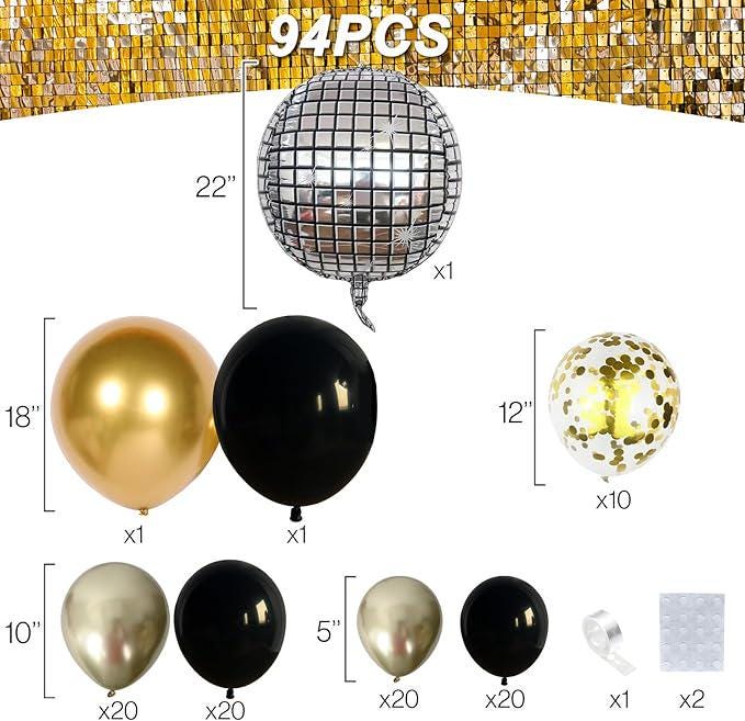 Black Gold Balloon Garland Arch Kit with Disco Balloons for Party Decor